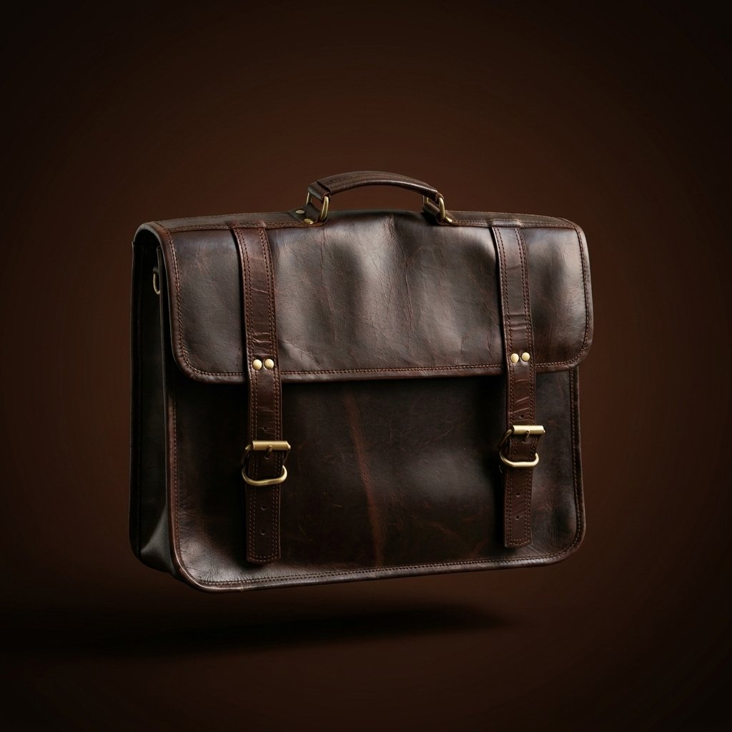 Brown Full Gran Leather briefcase with clean front, twin buckle straps and top handle, 12 × 16 inch